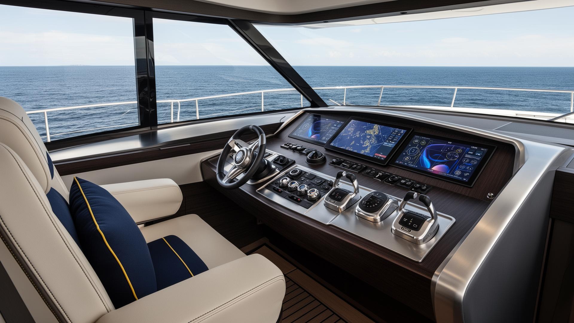 YachtFino One cockpit with digital displays and manual helm controls